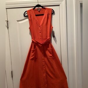 Sharagano Vibrant Orange Sleeveless Midi Dress with Tie Waist